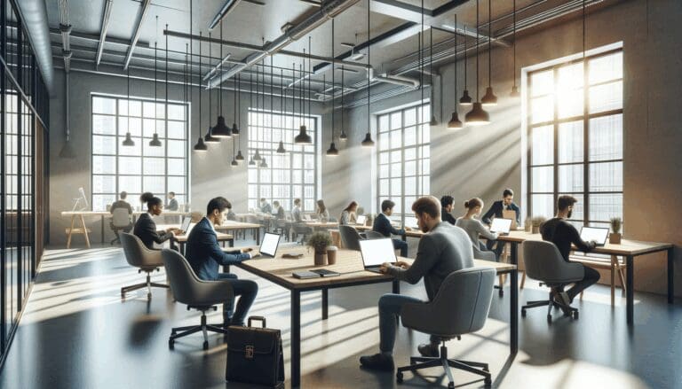 Interior de moderno coworking con emprendedores trabajando en laptops