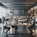 Grupo de emprendedores trabajando en un espacio de coworking moderno con laptops y pizarras digitales