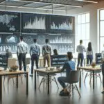 Equipo de emprendedores trabajando frente a pantallas con gráficos de datos en un espacio de coworking moderno