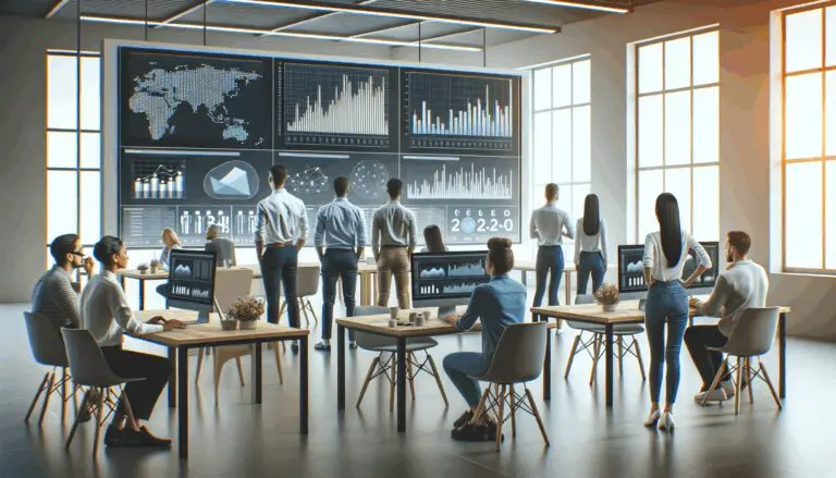 Equipo de emprendedores trabajando frente a pantallas con gráficos de datos en un espacio de coworking moderno