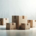 Vista cercana de cajas de paquetes pequeños apiladas sobre una mesa blanca con fondo minimalista