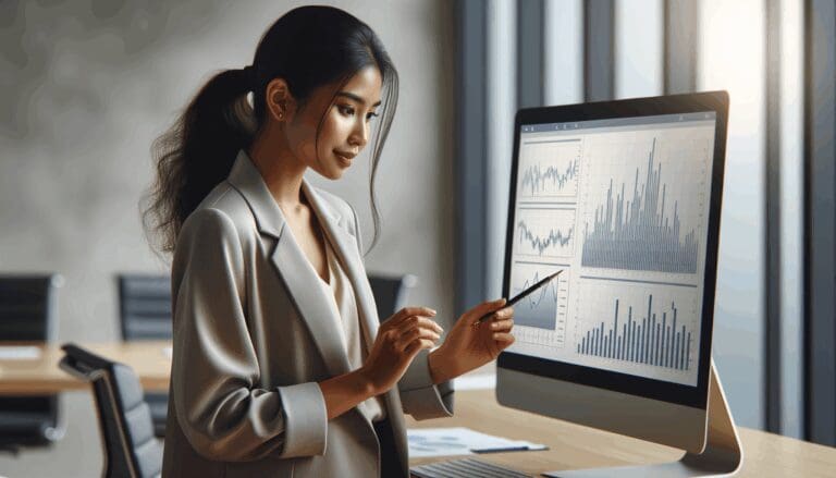 Persona revisando una pantalla con gráficos financieros en una oficina moderna