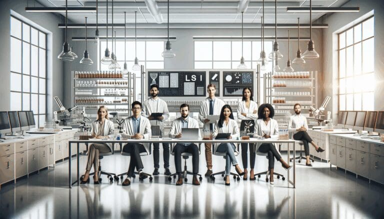 Equipo de emprendedores trabajando en un laboratorio de biotecnología moderno y luminoso