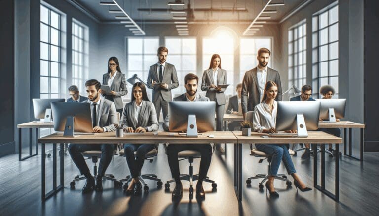 Equipo de emprendedores trabajando frente a computadoras en un espacio moderno de coworking
