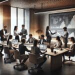 Grupo de emprendedores en una oficina moderna analizando gráficos en una pantalla digital