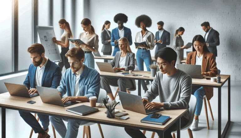 Emprendedores en una sala de coworking trabajando con laptops y pizarras digitales