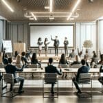 Sala de conferencias moderna con emprendedores presentando a inversionistas