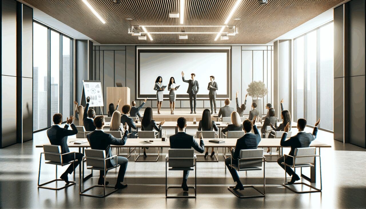 Sala de conferencias moderna con emprendedores presentando a inversionistas