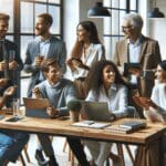 Emprendedores colaborando en un espacio de coworking moderno con tecnología avanzada