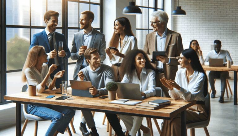 Emprendedores colaborando en un espacio de coworking moderno con tecnología avanzada