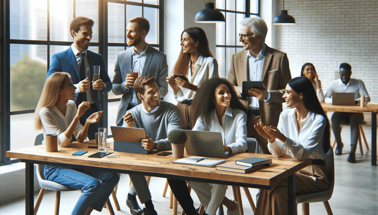Emprendedores colaborando en un espacio de coworking moderno con tecnología avanzada