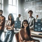 Jóvenes emprendedores trabajando en una oficina tecnológica moderna con pantallas digitales.