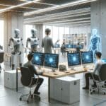 Sala de trabajo con equipos de inteligencia artificial y programadores colaborando en un entorno moderno
