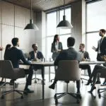 Reunión entre emprendedores y ejecutivos en un espacio de coworking moderno