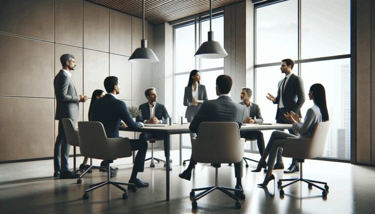 Reunión entre emprendedores y ejecutivos en un espacio de coworking moderno