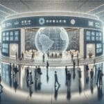 Pabellón de exposiciones con emprendedores tecnológicos en feria internacional