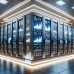 Sala de servidores con luces LED y pantallas mostrando gráficos de trading en tiempo real