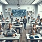 Alumnos de primaria en un salón de clases moderno con dispositivos digitales