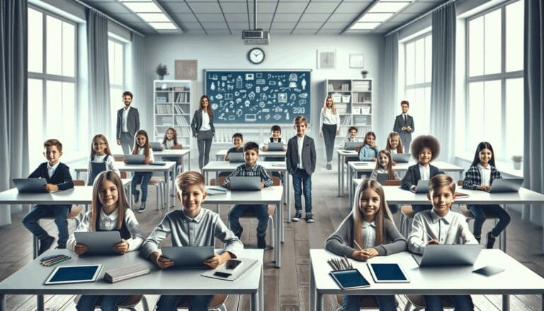 Alumnos de primaria en un salón de clases moderno con dispositivos digitales
