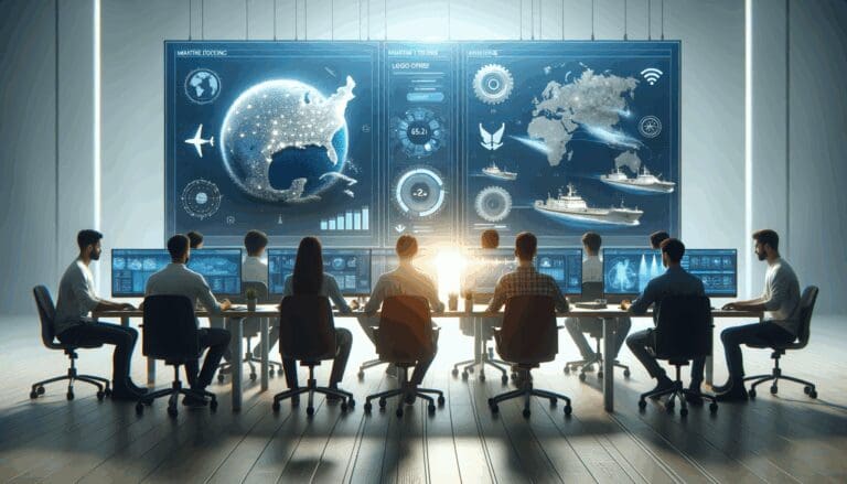 Equipo de desarrolladores trabajando con pantallas que muestran datos marítimos y tecnología de inteligencia artificial