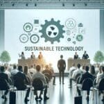 Personas participando en un evento tecnológico sostenible en un auditorio moderno