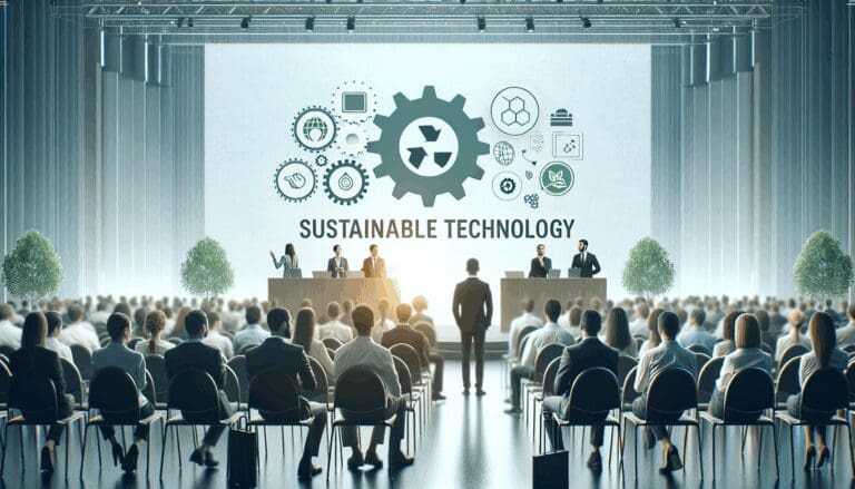 Personas participando en un evento tecnológico sostenible en un auditorio moderno