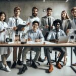 Equipo joven de emprendedores en un laboratorio desarrollando prototipos sostenibles