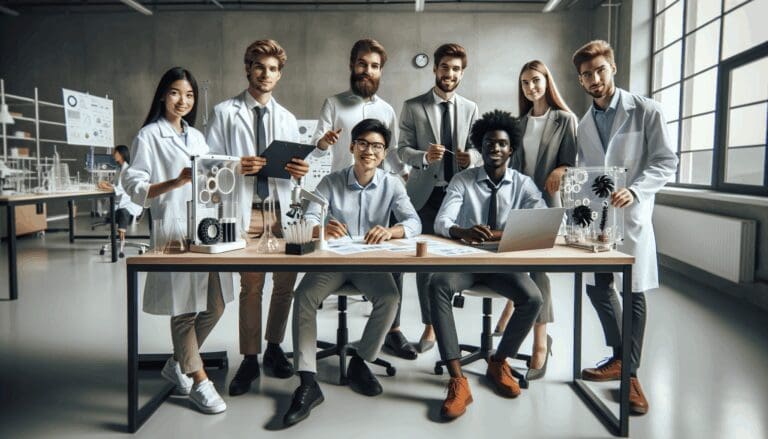 Equipo joven de emprendedores en un laboratorio desarrollando prototipos sostenibles