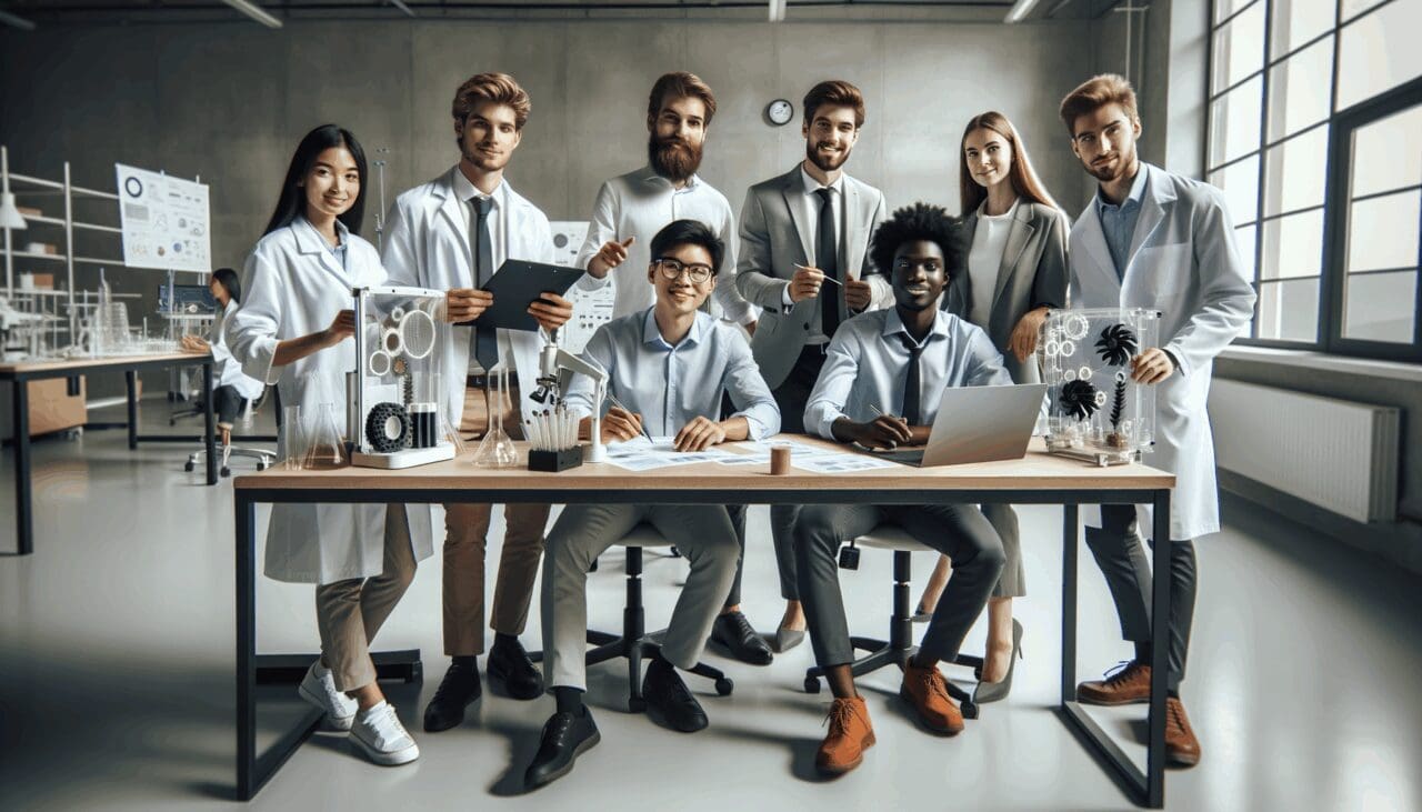Equipo joven de emprendedores en un laboratorio desarrollando prototipos sostenibles