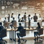 Personas reunidas en una oficina moderna usando computadoras y pantallas con gráficos de datos