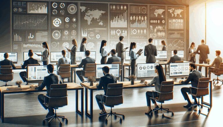 Personas reunidas en una oficina moderna usando computadoras y pantallas con gráficos de datos