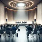 Auditorio moderno con emprendedores escuchando a un conferencista en un evento de startups