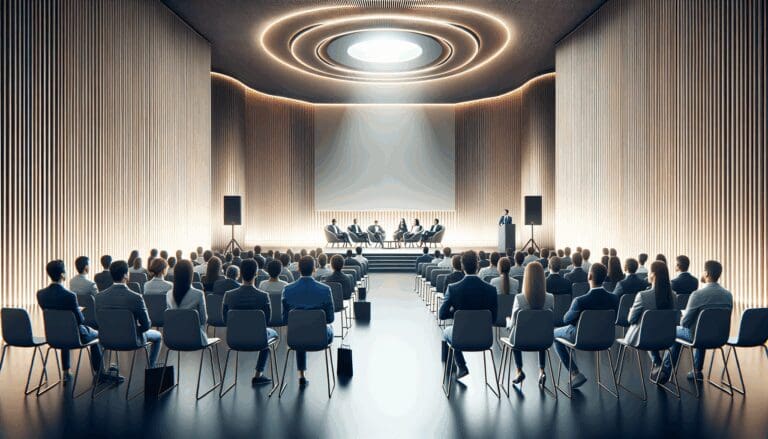 Auditorio moderno con emprendedores escuchando a un conferencista en un evento de startups