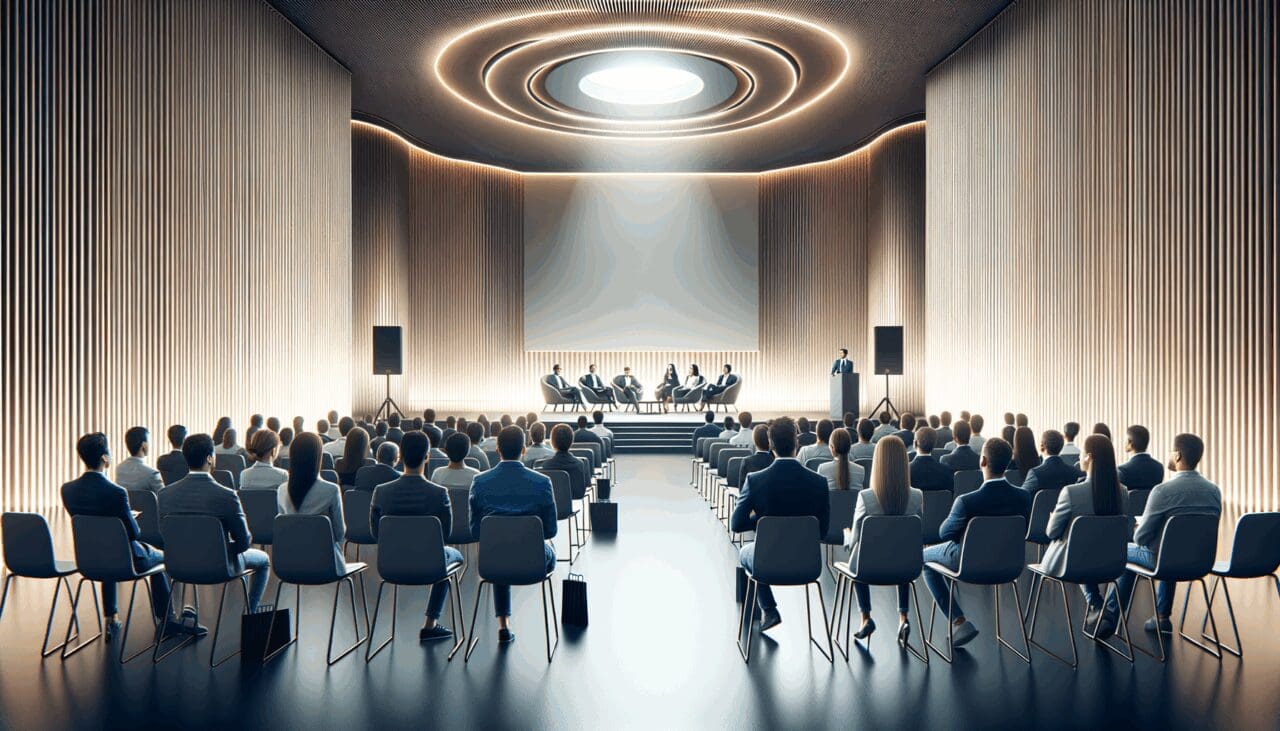 Auditorio moderno con emprendedores escuchando a un conferencista en un evento de startups