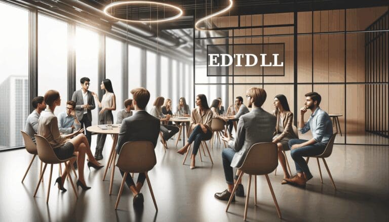 Grupo de personas discutiendo ideas en un moderno coworking.