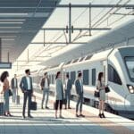 Trenes modernos en una estación europea con pasajeros esperando en el andén