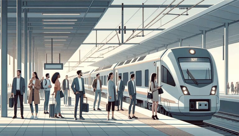 Trenes modernos en una estación europea con pasajeros esperando en el andén