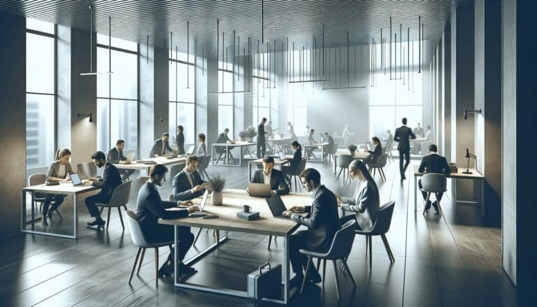 Espacio de coworking moderno con emprendedores trabajando frente a laptops