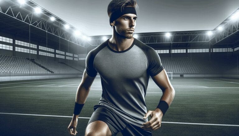 Futbolista entrenando con una cinta de protección en la cabeza en un campo deportivo moderno