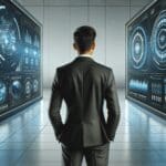Persona en traje revisando pantallas con visualizaciones digitales futuristas en un entorno tecnológico moderno