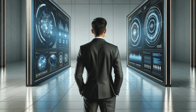 Persona en traje revisando pantallas con visualizaciones digitales futuristas en un entorno tecnológico moderno
