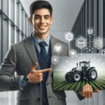 Joven emprendedor latino presentando tecnología agrícola en un entorno urbano moderno
