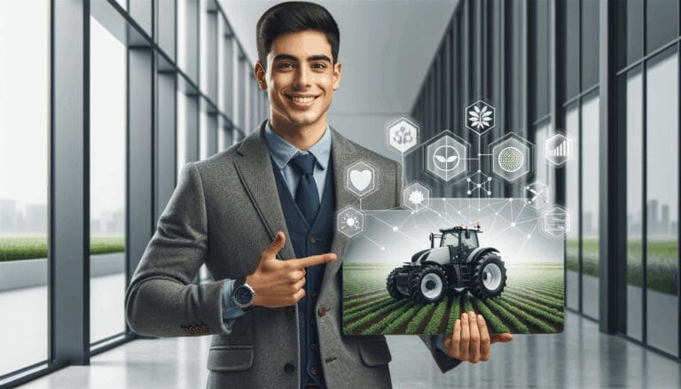 Joven emprendedor latino presentando tecnología agrícola en un entorno urbano moderno