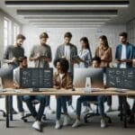 Equipo de desarrolladores colaborando en una oficina moderna con pantallas de diseño UI