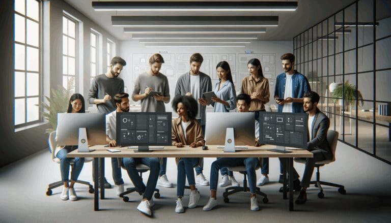 Equipo de desarrolladores colaborando en una oficina moderna con pantallas de diseño UI