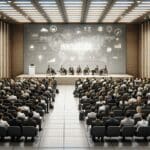 Auditorio lleno de emprendedores y ejecutivos en un evento de tecnología e innovación