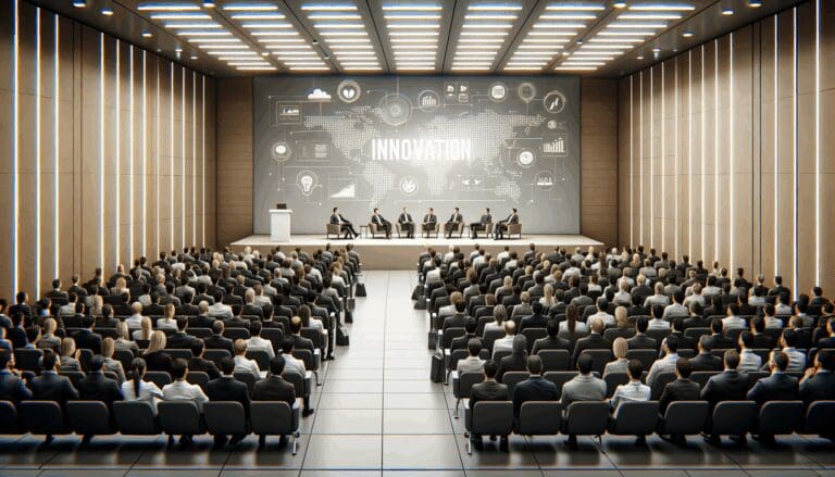 Auditorio lleno de emprendedores y ejecutivos en un evento de tecnología e innovación