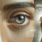 Primer plano de un ojo humano con sobreimpresiones digitales sobre tecnología de seguimiento visual