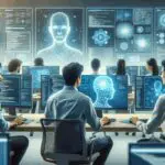 Desarrolladores trabajando frente a pantallas con código y gráficos de inteligencia artificial