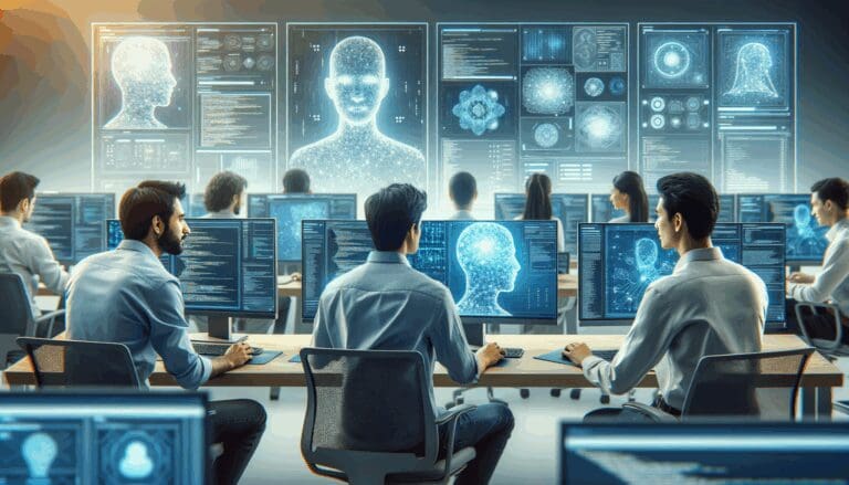 Desarrolladores trabajando frente a pantallas con código y gráficos de inteligencia artificial